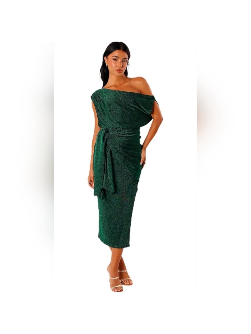 NWT Petal and Pup Midi Santiago Off Shoulder emerald metallic green dress size S
